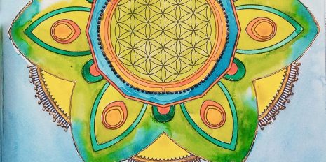 Blume des Lebens Mandala in Aquarellfarben mit Affirmation Dankbarkeit